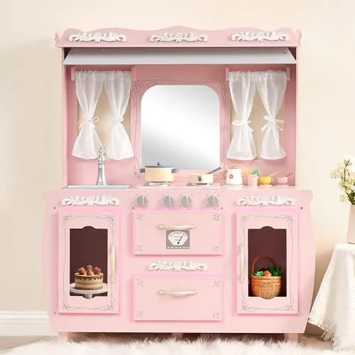 DOREROOM Wooden Play Kitchen with retro design and safe edges