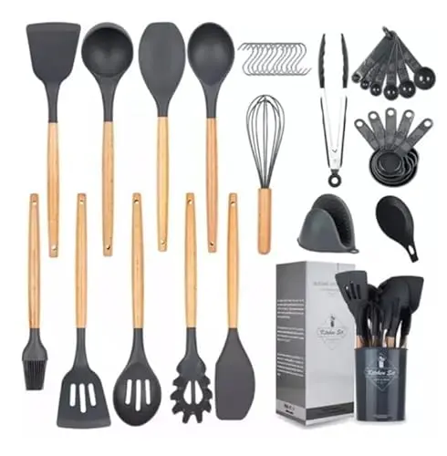 Generic black silicone kitchen utensil set with wooden handles