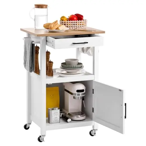 VEVOR white kitchen island with door cabinet and towel rack