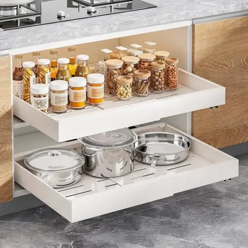 HANLE white adjustable pull out cabinet organizer with adhesive mounting