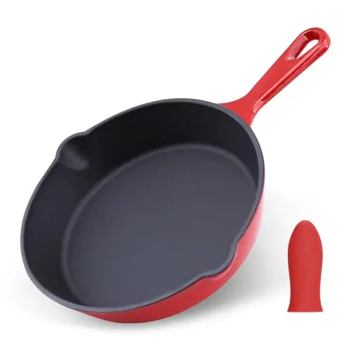Tastedeli 8 inch enameled cast iron skillet with red finish and pour spouts