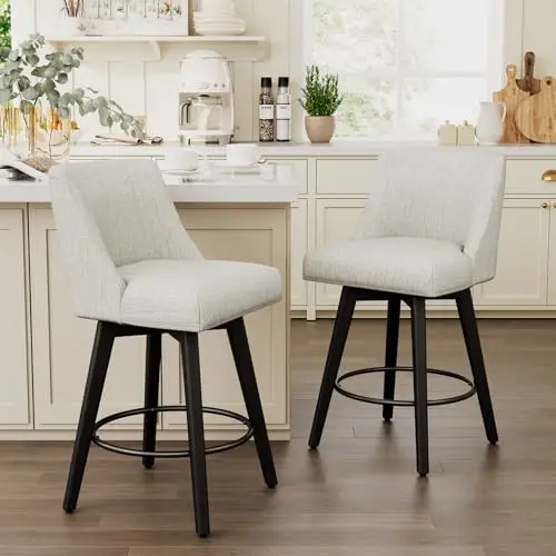 Vipbear white linen swivel bar stools with wooden base