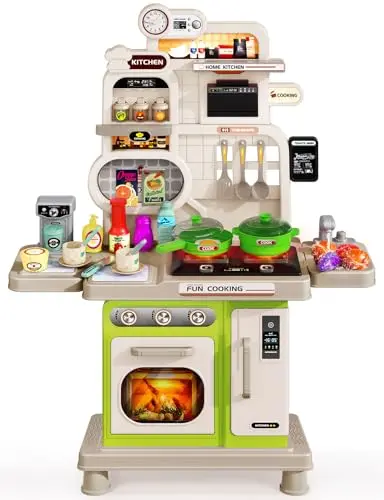 Kids kitchen playset with water circulation system and green color