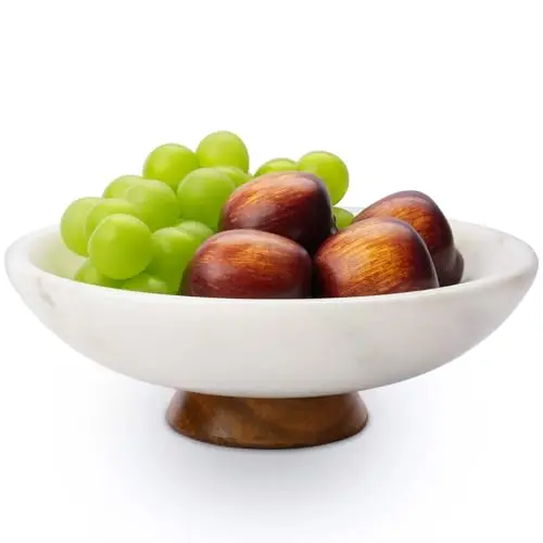 SAMAH marble fruit bowl with acacia wood pedestal as kitchen centerpiece