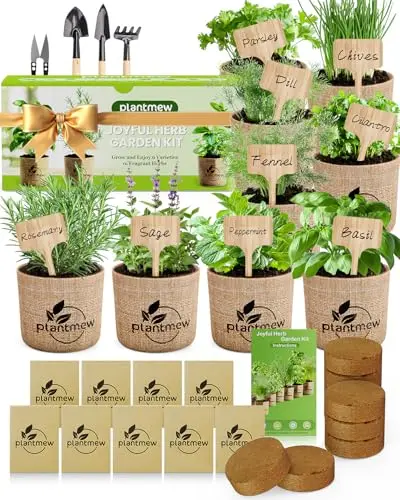 PLANTMEW 9 herb indoor garden kit with pots, soil, and tools