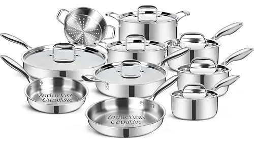 EWFEN 17-piece stainless steel cookware set with mirror finish