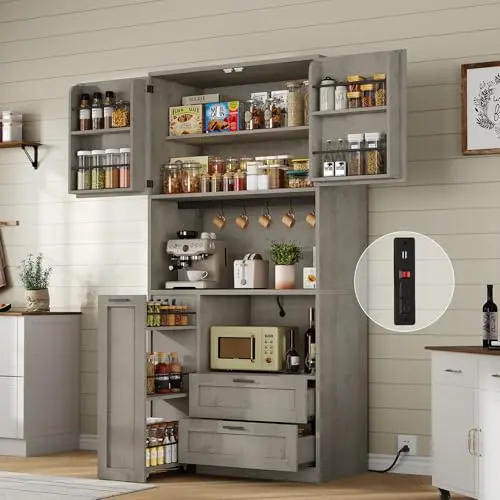 Itaar kitchen pantry cabinet with mobile storage cart in grey