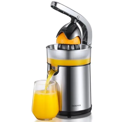 Reemix electric citrus juicer with stainless steel body and transparent juice collector