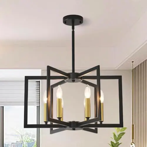 Klrbiqy black and gold geometric chandelier with six lights for dining room or kitchen