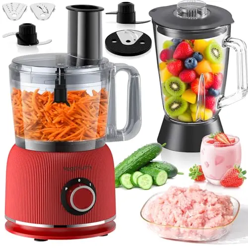 VegeNutrix food processor and blender combo unit with red accents