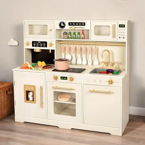 TooyBing wooden kids kitchen playset with multiple appliances and accessories