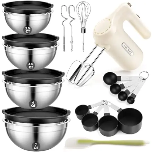 Lord Eagle hand mixer and stainless steel mixing bowls set in cream color