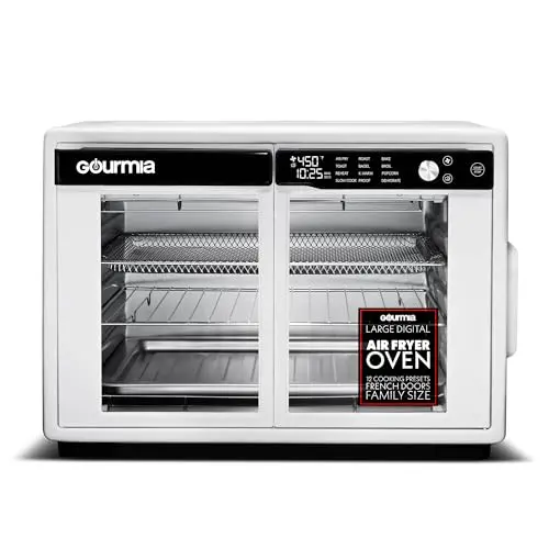 Gourmia French Door Air Fryer Oven in white with digital display and large interior
