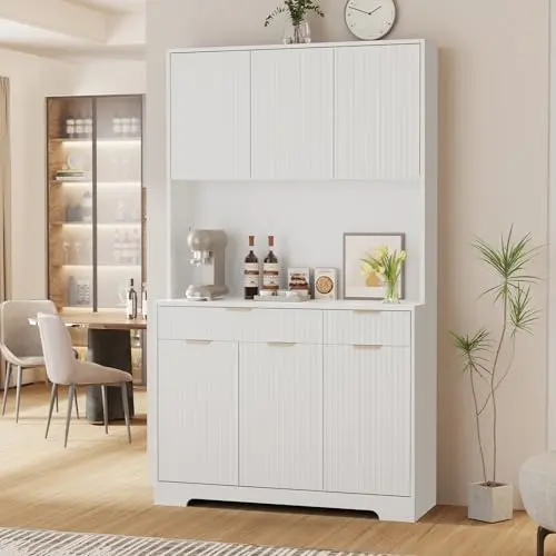 P.H.Furn white pantry cabinet with LED light and outlets